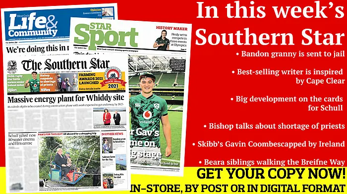 Bandon granny is sent to jail; Bishop talks about shortage of priests; Best-selling writer is inspired by Cape Clear; Big development on the cards for Schull; Skibb’s Gavin Coombes capped by Ireland; Beara siblings walking  the Breifne Way  Image