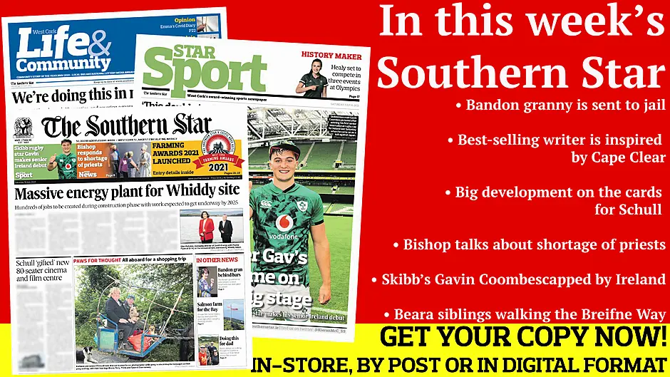 Bandon granny is sent to jail; Bishop talks about shortage of priests; Best-selling writer is inspired by Cape Clear; Big development on the cards for Schull; Skibb’s Gavin Coombes capped by Ireland; Beara siblings walking  the Breifne Way  Image