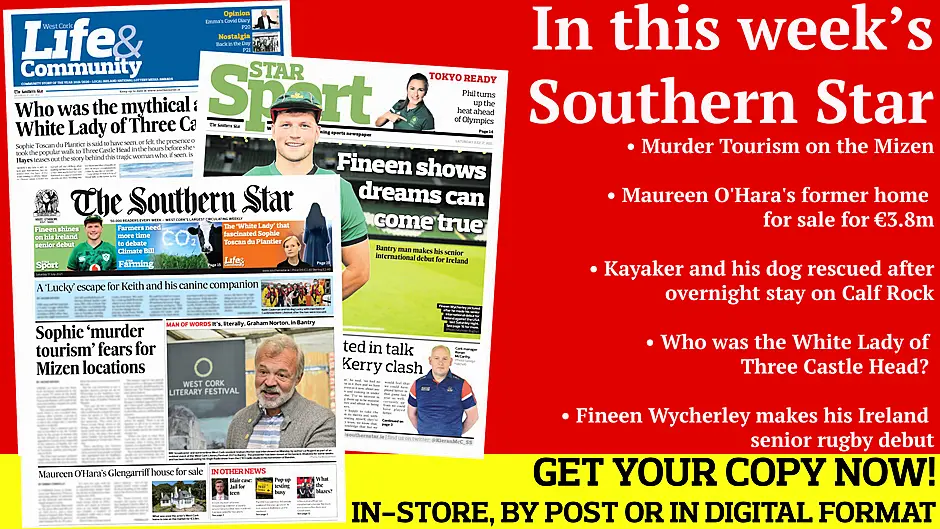 Kayaker and his dog rescued after overnight stay on Calf Rock; Murder Tourism on the Mizen; Maureen O'Hara's former home for sale for €3.8m; Relocation of bus stops 'adding to traffic'; Fineen Wycherley makes his Ireland senior rugby debut; Who was the White Lady of Three Castle Head?  Image
