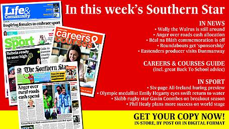 In this week's Southern Star – free Careers & Courses supplement; Wally the Walrus is still around; Anger over roads cash allocation; Béal na Bláth commemoration is off; Roundabouts get 'sponsorship' from local firm; Eastenders producer visits Dunmanway arts show; Six-page All-Ireland huring preview; Olympic medallist Emily Hegarty eyes swift return to water; Skibb rugby star Gavin Coombes on breakout season; Phil Healy plans more success on world stage Image