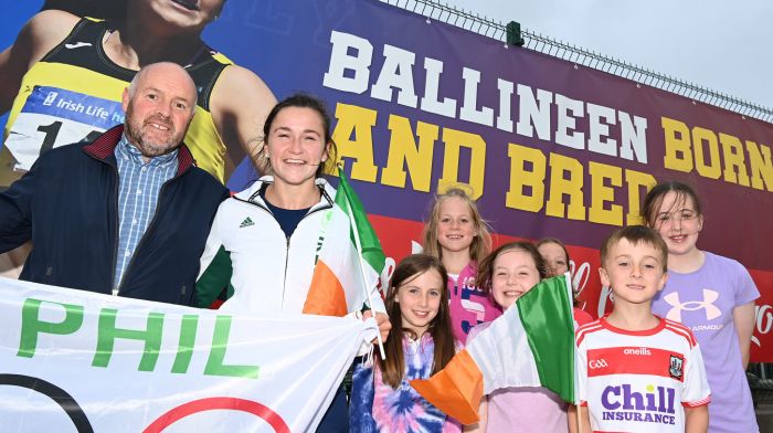 Phil with her godfather Declan Hurley and young fans at the homecoming in Ballineen.