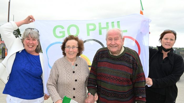 Ready to welcome Olympian Phil Healy home to Ballineen were her grandparents Philomena and Declan Hurley flanked by her aunts Helen Holland (left) and Gill O’Sullivan.