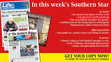 Free Home & Garden magazine; Sex assault unit opens in West Cork; Leaving Certs results round-up; The story behind Kinsale’s 9/11 garden; Looking back on the heady days of school grads; Dunmanway’s links to top navy brass; Ronan’s reign as Cork football manager is over; Cork v Kilkenny All-Ireland final preview; County championships kick into life Image