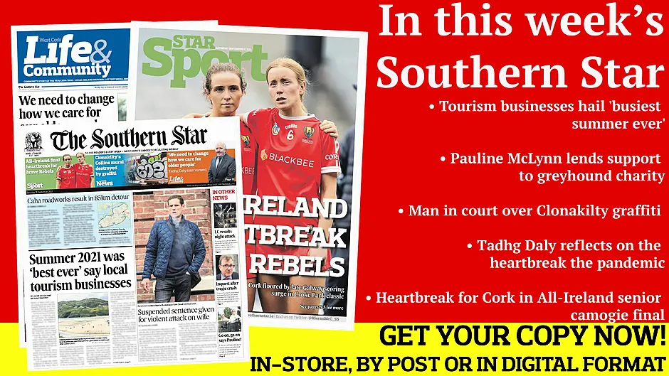 Tourism businesses hail 'busiest summer ever'; Suspended sentence for violent attack; Pauline McLynn lends support to greyhound charity; Heartbreak for Cork in All-Ireland senior camogie final; Kilbrittain beat Arigdeen Rangers in derby Image