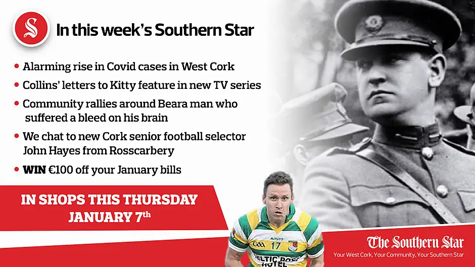 In this week's Southern Star: Alarming rise in Covid cases, Collins' letters to Kitty feature in new TV series & we chat to new Cork senior football selector John Hayes from Rosscarbery Image