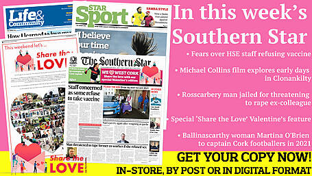 Rosscarbery man jailed for threatening to rape ex-colleague; Michael Collins film explores his early days in Clonakilty; Fears over HSE staff refusing vaccine; Martina O'Brien to captain Cork footballers; Deane keen to bounce back from Munster final; Confidence tips from Netflix star Nicole O'Brien from Innishannon Image