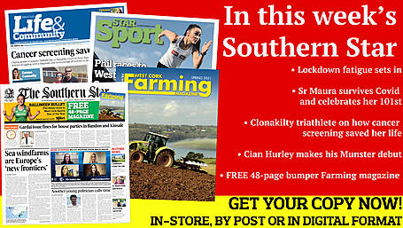 Lockdown fatigue sets in; Windfarms 'the new frontier'; SF's Liadh Ní Riada to contest next election; Phil Healy races to West Cork Sports Star Award; Cian Hurley makes his Munster debut; Clonakilty triathlete on how cancer screening saved her life; FREE 48-page Farming magazine Image
