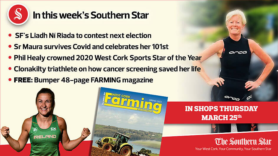 In this week's Southern Star: SF's Liadh Ní Riada to contest next election, the 101-year-old nun that survived Covid, Phil Healy crowned 2020 West Cork Sports Star of the Year, Clonakilty triathlete on how cancer screening saved her life plus FREE 48-page bumper Farming magazine Image