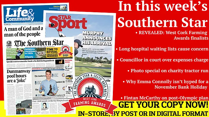 Farming Awards finalists revealed; Long hospital waiting lists cause concern; Councillor in court over expenses charge; Photo special on charity tractor run; Why Emma Connolly isn’t hyped for a November Bank Holiday; Fintan McCarthy on post-Olympic plan; Career-best finish for Kinsale golfer Murphy Image