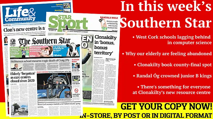 Elderly feeling abandoned; West Cork schools lagging behind in computer science; Long waiting lists for autism assessments; Clonakilty are through to the first county senior football final in 12 years; Clon's new centre is a vital resource Image