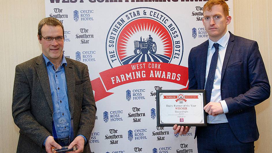 Dairy Farmer of the Year Tom Griffin, Timoleague with category sponsor, Shane McCarthy from Allied Irish Bank.