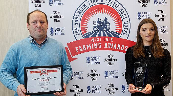 Eugene Murnane of Drimoleague Concrete Works with Denise Twomey, Upton, the West Cork Farming Awards Young Farmer of the Year.