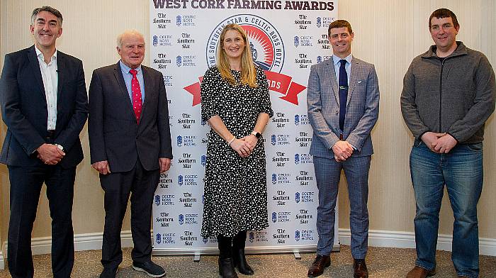 Members of the judging
panel: Séan Mahon, managing
director, The Southern
Star (chair); JJ Walsh,
business advisor; Caroline
Murphy, West Cork Eggs;
Tom Curran, regional manager
with Teagasc for Cork
West and John Buckley,
dairy farmer and former Macra Young Farmer of the Year.