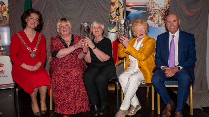 Assumpta Lydon (second from left) and Siobhan Stone accepting the group award for Passage West Creates, along with Noreen Minihane, second from right, from Clonakilty, who accepted the individual award with county mayor Gillian Coughlan, far left, and chief executive Tim Lucey, far right. 						                 (Photo: Brian Lougheed)