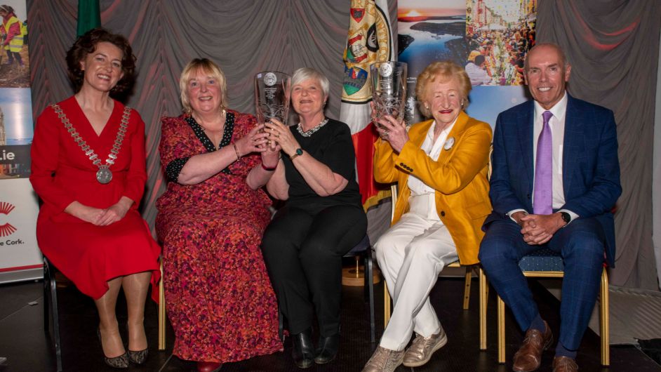 Assumpta Lydon (second from left) and Siobhan Stone accepting the group award for Passage West Creates, along with Noreen Minihane, second from right, from Clonakilty, who accepted the individual award with county mayor Gillian Coughlan, far left, and chief executive Tim Lucey, far right. 						                 (Photo: Brian Lougheed)
