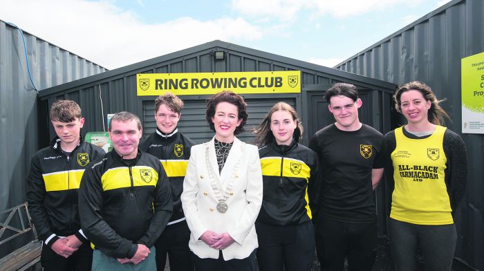 Padraig Griffin, chairperson of Ring Rowing Club, with the mayor and club members.  (Photo  theheadshotguy.ie)