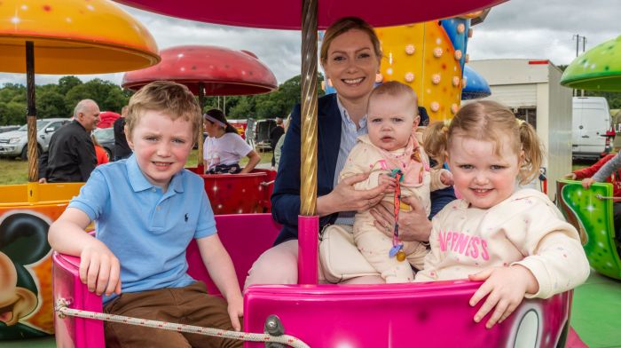 Dunmanway, West Cork, Ireland. 3rd July, 2022. Dunmanway Agricultural Show took place today for the first time since 2019 after COVID-19 caused the event to be cancelled. Enjoying a ride on the teacups were Ronan, Elaine, Brooke and Ashley Lombard from Dunmanway. Picture: Andy Gibson.