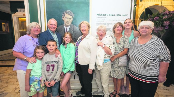 Three generations of Michael Collins’ relations: Michelle Hurley, Coleman Collins, Nora Owen, Catherine O’Mahony, Christine Collins, Emma Hurley-Daniels, Fidelma Collins, 
Emilie, Charlie and Mollie Hurley-Daniels were at the Michael Collins centenary 
commemoration at Cork’s Imperial Hotel, with a painting of the General, by artist Mick O’Dea, which was commissioned by the Flynn family, owners of the hotel.