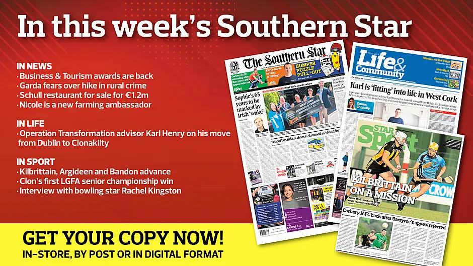 In this week's Southern Star: Business & Tourism awards are back; Garda fears over hike in rural crime; Schull restaurant for sale for €1.2m; Nicole is a new farming ambassador; Operation Transformation advisor Karl Henry on his move from Dublin to Clonakilty; Kilbrittain, Argideen and Bandon advance; Clon's first LGFA senior championship win; Interview with bowling star Rachel Kingston Image