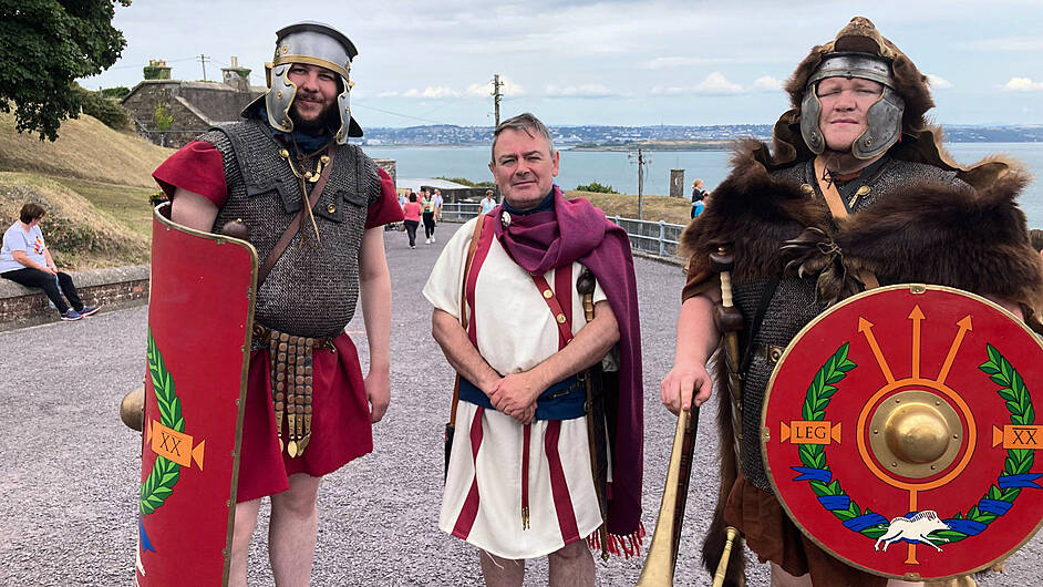 Members of  Legion Ireland – the Roman Military Society of Ireland - who attended the Garrison Model Club show at Camden Fort Meagher in Crosshaven last weekend were, from left: Daithí Ó Cearbhaill, Martin McAree and ‘Decimus Laelius Hiernomius’!