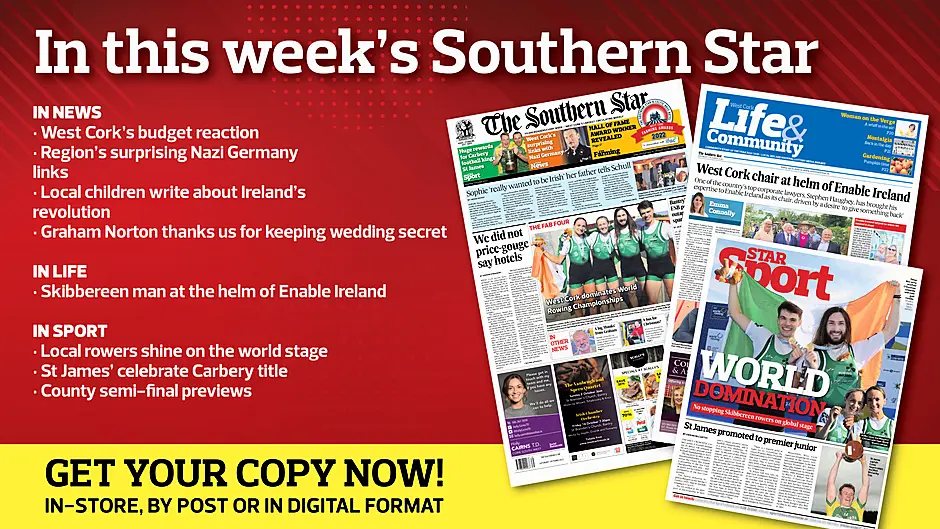 Local children write about Ireland's Revolution; Graham Norton gives thanks; West Cork's link to Nazi Germany; Rosscarbery shrine gets new lease of life; Enable Ireland's West Cork chair; Skibb rowers on top of the world Image
