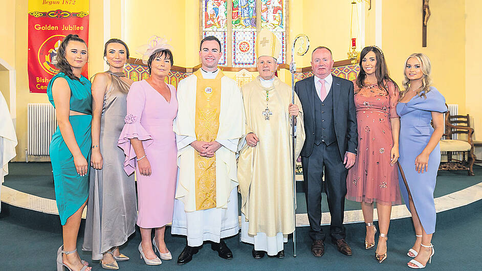 At his ordination to the priesthood at St John the Baptist Church, Newcestown, by Bishop Fintan Gavin, Bishop of Cork and Ross, was Fr Ronan Sheehan with Bishop Fintan, his parents Denise and Bud and his sisters Aoibhe, Leona, Ciara and Orlaith. 										                       (Photo: Peter Pietrzak)