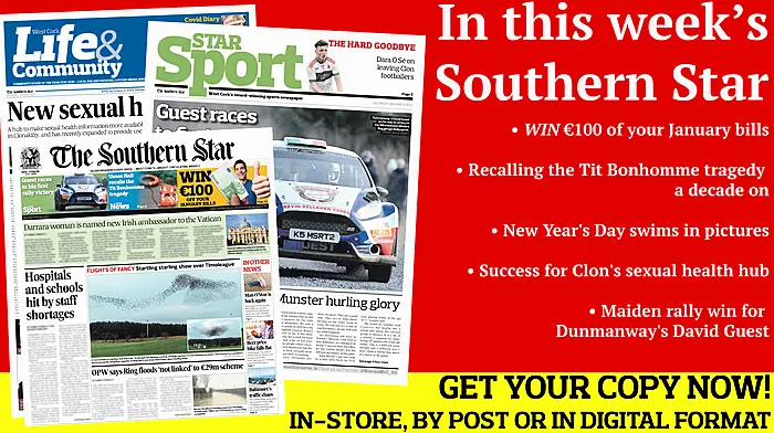Win €100 off your January bills; Recalling the Tit Bonhomme tragedy; New Year's Day swims in pictures; Baltimore a victim of its own success; Maiden rally win for Dunmanway's David Guest; Success for Clon's sexual health hub Image