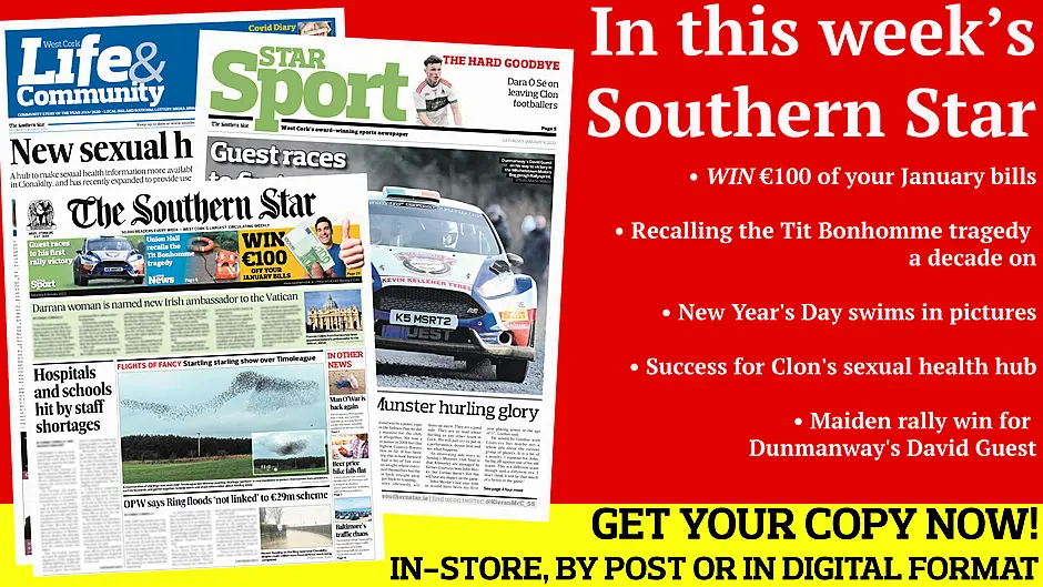 Win €100 off your January bills; Recalling the Tit Bonhomme tragedy; New Year's Day swims in pictures; Baltimore a victim of its own success; Maiden rally win for Dunmanway's David Guest; Success for Clon's sexual health hub Image