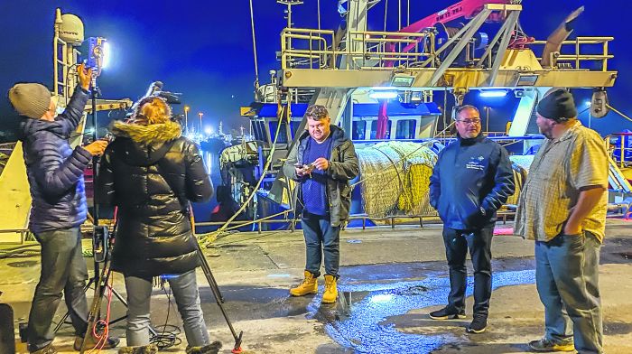 Donie O’Sullivan interviews Patrick Murphy on ther pier in Castletownbere. 		                  (Photo: Anne Marie Cronin)