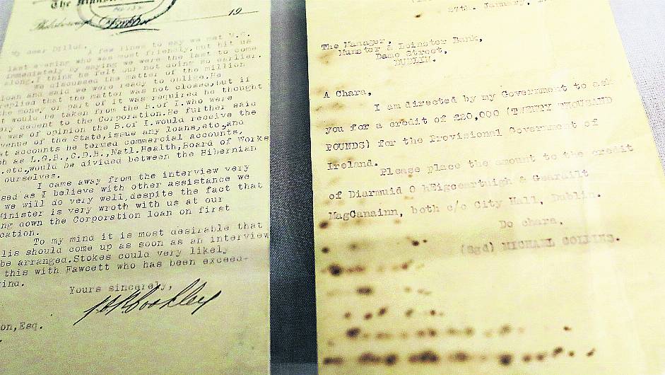 Letter outlines Michael Collins’ request for bank loan of £20,000 Image