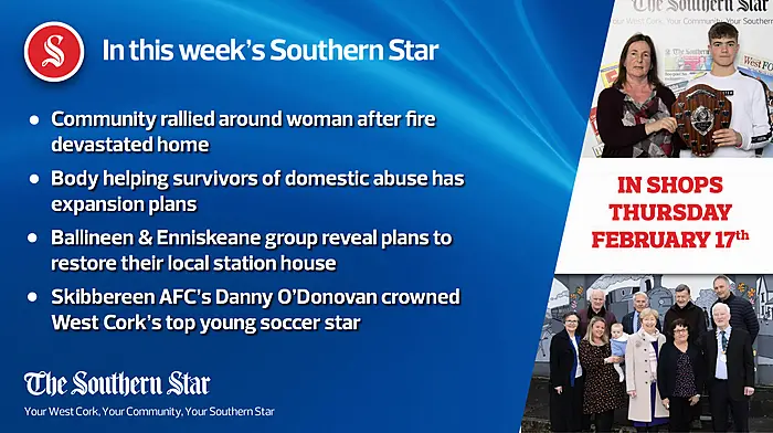 In this week's Southern Star: Community rallied around woman after fire devastated home; Ballineen & Enniskeane group reveal plans to restore their local station house & Skibbereen AFC's Danny O'Donovan crowned West Cork's top young soccer star Image
