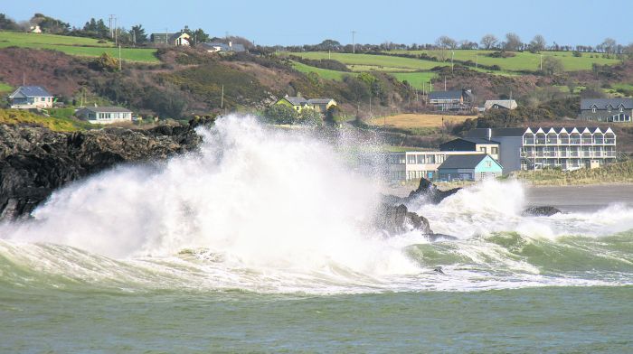 Owenahincha, left, as seen from the Warren in Rosscarbery, taking a battering from Storm Franklin.
Photo: Andrew Harris