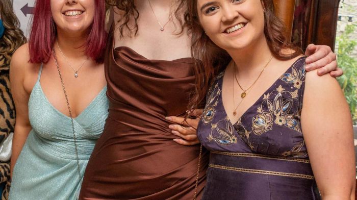 Kinsale Community School Leaving Cert 2021 students Roisin Nyhan, Niamh Domoney and Grace Hynes before their debs which took place in the Rochestown Park Hotel.(Photo: John Allen)