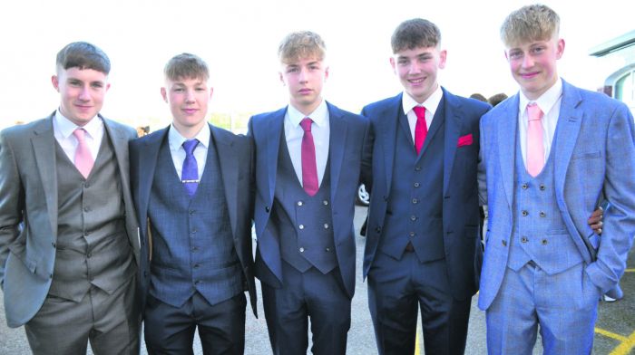 Michael O’Leary, Alan Daly, Eoghan O’Sullivan, Michael J O’Regan and Niall O’Driscoll before heading off to the Foroige Ball in Cork city.
(Photo: Anne Minihane)