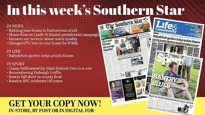 IN THIS WEEK'S SOUTHERN STAR: Rattling your bones in Hallowe'ens of old; Classy Ballinascarthy claim historic two-in-a-row; Shane Ross on Liadh Ní Riada's presidential campaign; Ballydehob garden helps artists bloom; Fishers on collision course with offshore windfarms; Farmers are 'serious' about water quality; Remembering Padraigh Griffin; Bantry fall short in county final; Glengarriff's 'two-in-one' home for €745k;Bandon RFC celebrate 140 years; Mazda's hybrid CX-60 is reviewed Image