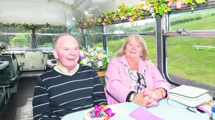 Big smiles from Tony Barry and Frances Dunning on board the vintage tea bus during an outing for residents of the Aperee care home in Belgooly at the grotto in Ballinspittle (Photo: David Creedon)