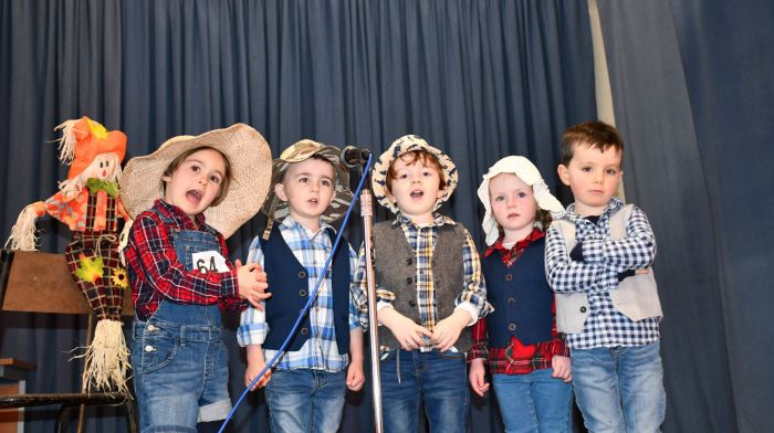 Fiadh Downey, Kevin Barry, John O'Sullivan, Anna Stack and Bobby Murray from Bright Beginnings pre school who gave a great performance at the Tadhg MacCarthaigh Scór local round  at Caheragh Hall. Left: Aifric Herlihy, Aine Lynch, Dolly Lanagan, Siún McCarthy, Lucy Herlihy and Katie O'Sullivan who danced at the event. (Photos: Anne Minihane)