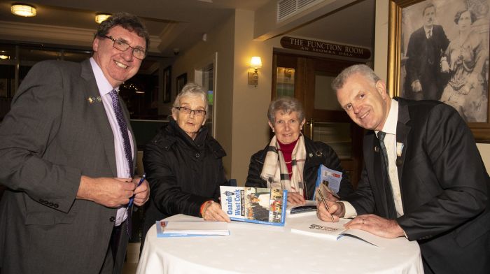 Co-authors of the ‘The Guards of West Cork’ Tony McCarthy (left) and Fachtna O’Donovan signing copies of their book at Fernhill House Hotel, Clonakilty for Mary Jo Sheehy, Clonakilty and Agnes Linnane, Macroom.  Right: Retired West Cork members of An Garda Síochána who took part in the recent Cork City Garda Divisional Centenary event, Teddy Holland, Ballinascarthy; Pat O'Donovan, Ardfield; Donal O'Donovan, Rosscarbery and Donal Cullinane, Timoleague. (Photos: Martin Walsh & Gearoid Holland)