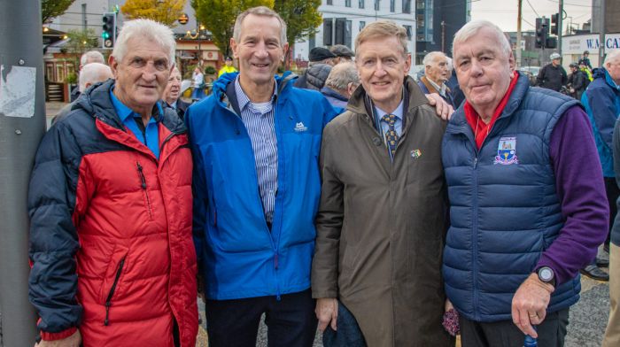 Four retired West Cork members of An Garda Síochána took part in the Cork City Garda Divisional Centenary event: Teddy Holland, Ballinascarthy;  Pat O'Donovan, Ardfield; Donal O'Donovan, Rosscarbery; Donal Cullinane, Timoleague, (born and reared in Main Street where his
father and mother ran a boarding house, brother to Mary O'Donovan,
Butlerstown. (Photo: Gearoid Holland)