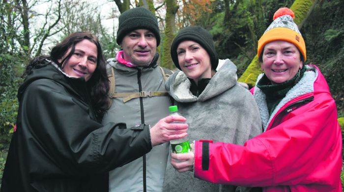 Visiting the Holy Well of St Barrahane of Castlehaven on his feast day and taking away some of the well water were Jacinta Ni Luanai, Glandore; George Livanos, Ruthann Sheahan and Eileen McNicholl from Leap. 
(Photo: Anne Minihane)