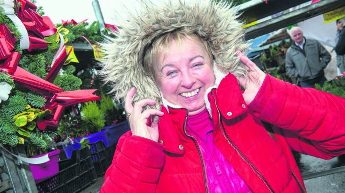 Mary O’Mahony of Ballyvourney Nursery and Garden Centre was well wrapped up for the cold spell at her stall at this week’s Macroom Christmas market.