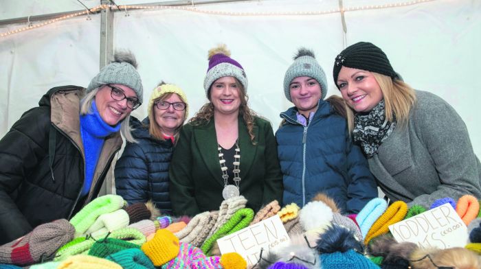 Maria O’Leary, Cork County Council; Lily Cleary, cathaoirleach of Macroom MD, Cllr Eileen Lynch; Rosa Malizia and Nicola Radley, Cork County Council, at Lily May’s hats stall at the market. 						                  			                    (Photo: Brian Lougheed)