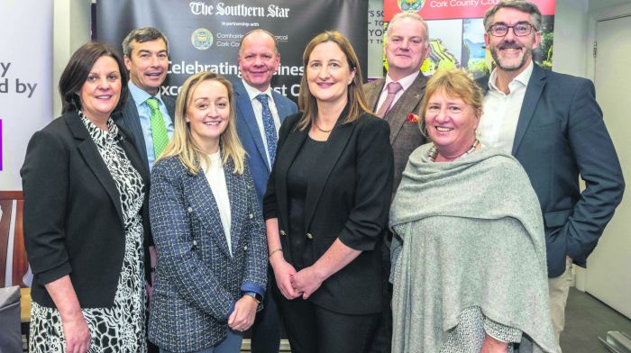 Sandra Maybury, Maybury Marketing with AIB staff Stephen Rowe, Jane O’Regan, George Lane, Maeve Buckley, John Ryan and Catherine Arundel, AIB and Seán Mahon, managing 
director, Southern Star, at Tuesday night’s Business Awards pitch night at AIB in Skibbereen.