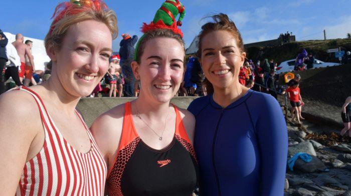 Kate and Aideen Moynihan, Castlehaven with Claire Collins, Skibbereen at the Skibbereen Rowing Club Christmas Day swim in Tragumna for the special classes at St Patrick’s and St Joseph’s National School.