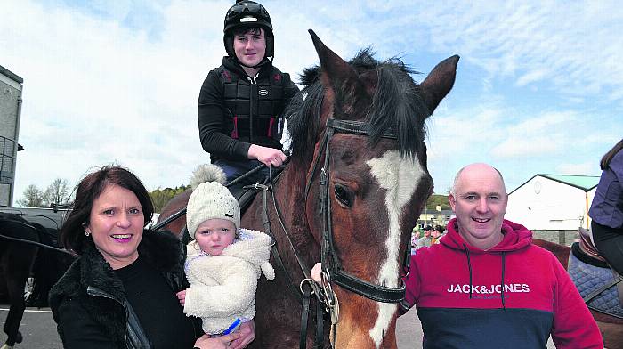 Christine Murphy and Isabel Collins with Tim O’Leary and Michael O’Leary on Hunter. 					              (Photo: Anne Minihane)