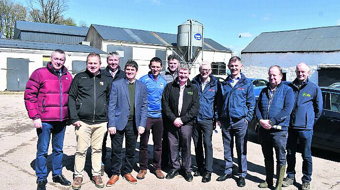 At a joint Cork IFA (West/North/Central) nitrates derogation on-farm visit were: MEP Billy Kelleher, Laurence Sexton Barryroe Co-Op, Conor O’Leary Cork Central IFA chairman, Donal O’Donovan West Cork IFA chair, Tim Mullane host farmer, Ger Lehane West Cork IFA dairy chairman, Peter Fleming chairman Barryroe Co-Op, Bill Cahill Barryroe Co-Op, Peader Murphy ceo Barryroe Co-Op, Michael Collins TD and Harold Kingston IFA Munster chairman. 
 

4897; Caption;  Pictured at a Joint Cork IFA {West/North/Central IFA} Nitrates Derogation On-Farm Visit in Cork last week to highlight this important issue to local public representatives, county councillors and Co-Op Management were left to right; MEP Billy Kelleher, Laurence Sexton Barryroe Co-Op, Conor O’Leary Cork Central IFA County Chairman, Donal O’Donovan West Cork IFA County Chairman, Tim Mullane Host Farmer, Ger Lehane West Cork IFA Dairy Chairman, Peter Fleming Chairman Barryroe Co-Op, Bill Cahill Barryroe Co-Op, Peader Murphy CEO Barryroe Co-Op, Michael Collins TD and Harold Kingston IFA Munster Chairman. {Photographer Mike English} Karen Fitzpatrick (The Pike) and Helen Barry (Rosscarbery) were some of the many helpers on the day at the Lisavaird tractor run. (Photo: David Patterson)