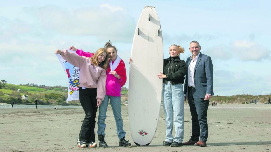 Young people from the ‘Surf to Heal’ project, including members of the Ukrainian community, and the West Cork Development Partnership have joined Vhi in encouraging non-profit organisations across Cork to apply to the Vhi Health & Wellbeing Fund, which aims to support projects within the community that strengthen resilience in young people and help them manage anxiety. At Inchydoney to mark the launch of  the fund were Niall O’Shea of Vhi with  Tanya Yakimova, Kristina Trembach and Victoria Yehorova. 
(Photo: Clare Keogh)