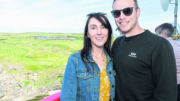 Ursula Quinn and Séamus Hayes from Ballinspittle on the lookout balcony at the top of the Old Head of Kinsale lighthouse at the open day last weekend.                          (Photo: David Creedon)