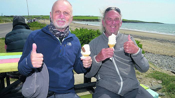 Pictured enjoying the sunshine at the beach at Garrylucas  was Peter Hall and Nigel Dade with their icecreams.(Photo: Denis Boyle)