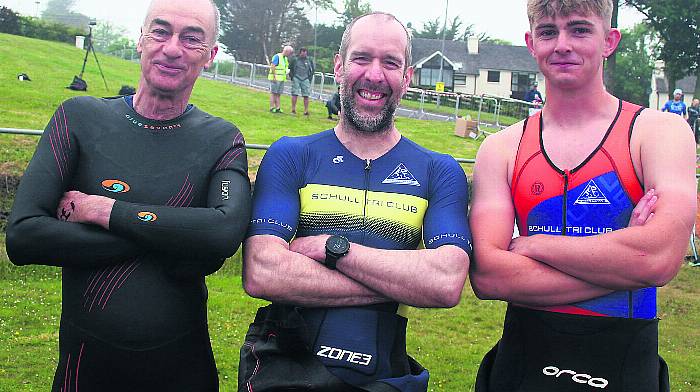 Alan Hewson, Chris Mason and James McKnight, Schull Tri Club, at the Brosnan’s Centra Fastnet Triathlon in Schull last weekend. 			             (Photo: Terry Attridge)